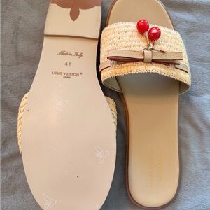 Beige Raffia Slide Sandals with Red Cherry Detail